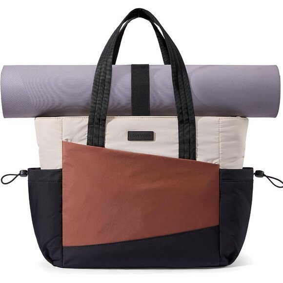 Gym Tote Bag for Women Puffy Yoga Mat Bag with Large Cup Holder & Wet Pocket W